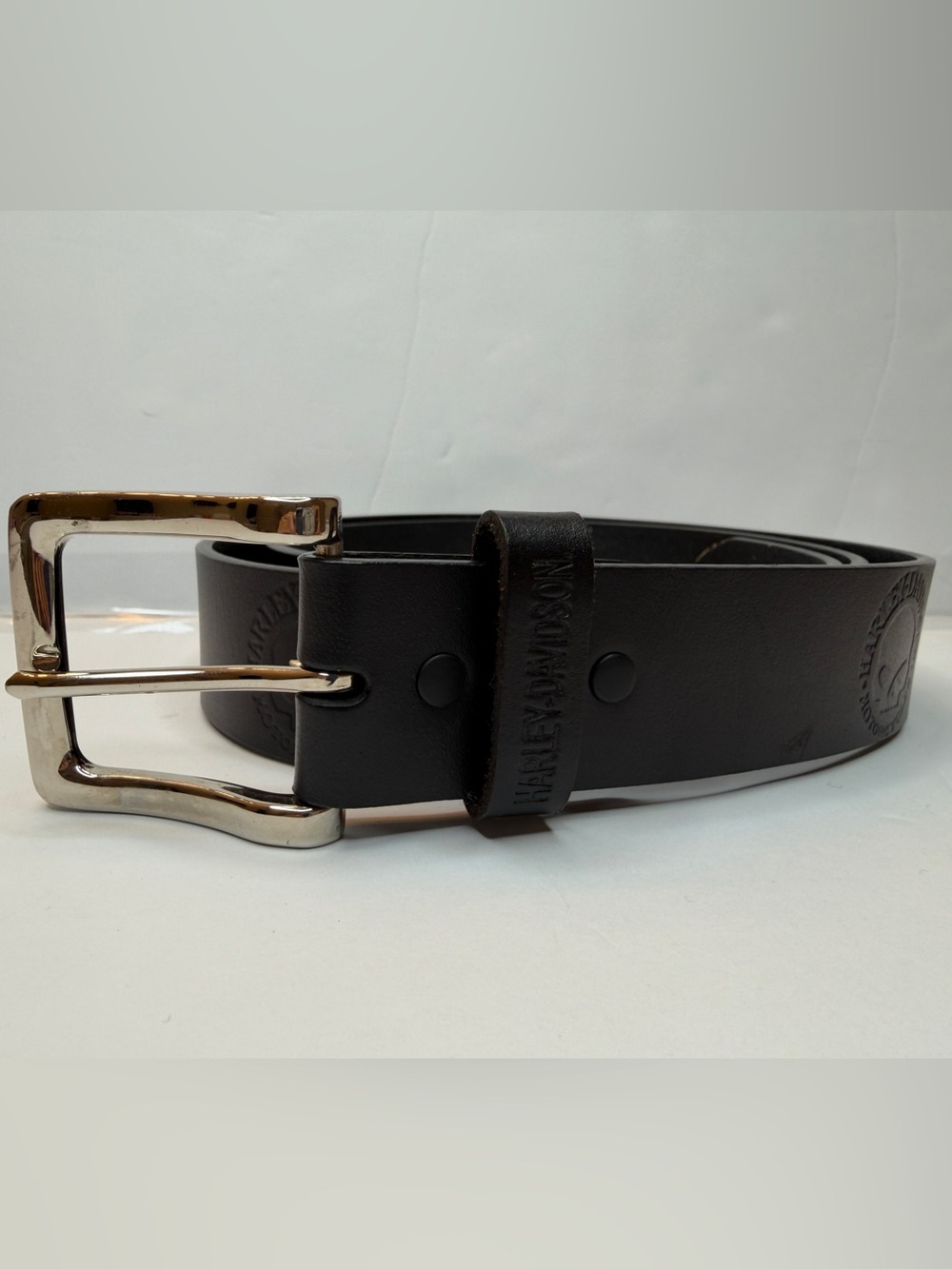 Harley-Davidson Black Leather Belt, embossed skull logo, silver Buckle size 42